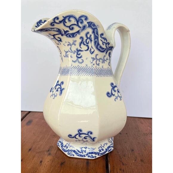 Antique Blue + White Pitcher 11.5" Porcelain Vase Samuel Alcock & Co 1840s - Picture 4 of 9